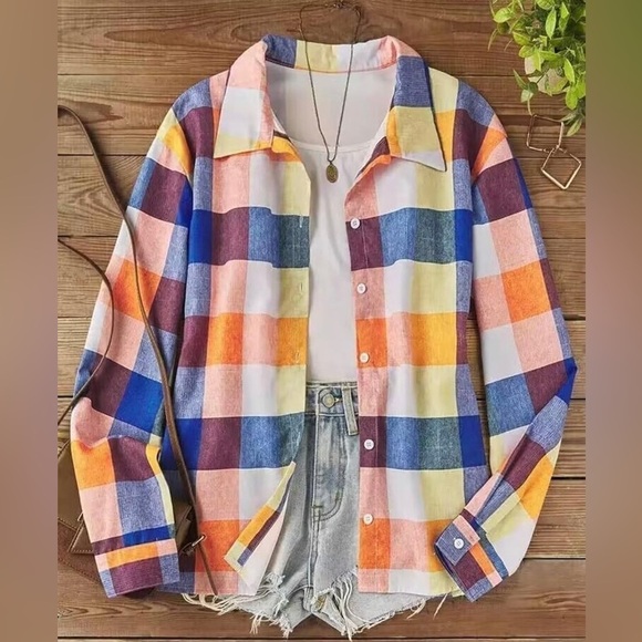 NWT Womens Colorful Plaid Flannel Button Down Blouse - Picture 12 of 14